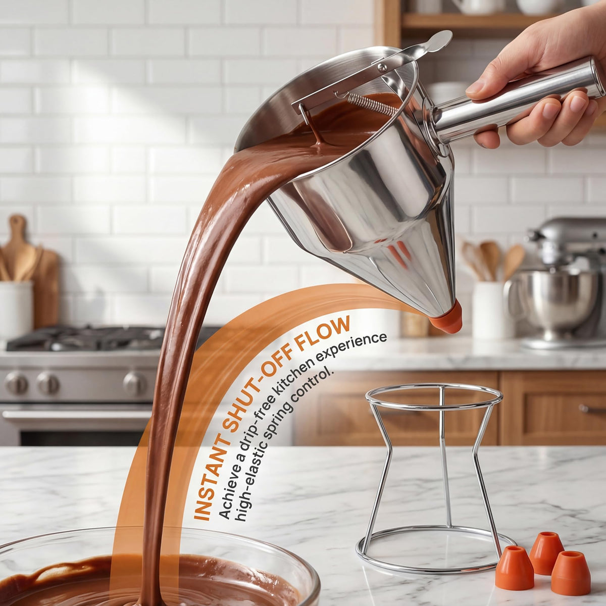 40oz 304 Stainless Steel Pancake Batter Dispenser With Dustproof Lid 4 Interchangeable Nozzles&Detachable Handle Perfect For Parent-Child Baking, Holiday Parties, Cupcakes Waffles。