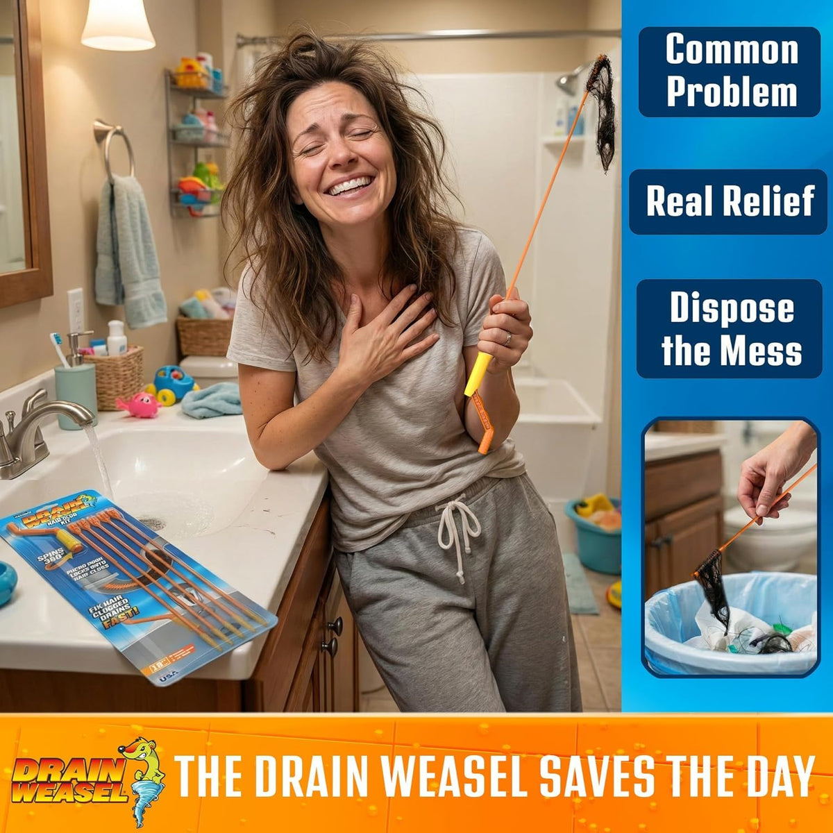 Flexisnake Drain Weasel Hair Clog Remover Kit – Plumbing Snake Auger for Cleaning Shower, Bath Tub, Bathroom Drains with Rotating Handle and 5 Disposable Wands, Made in USA