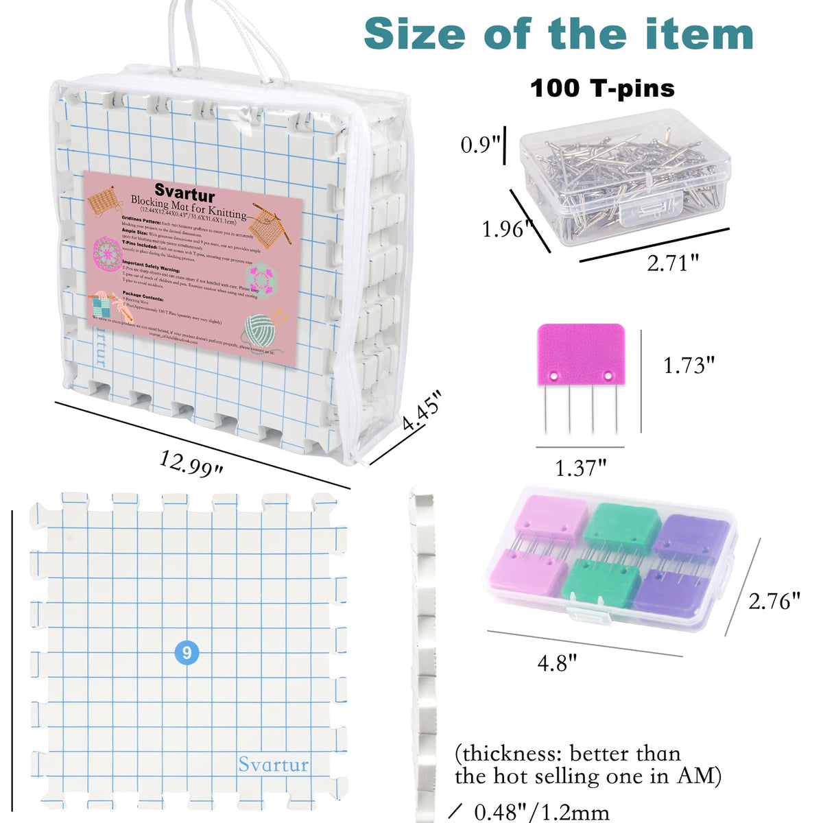 Svartur Interlocking Blocking Mat for Knitting and Crochet Projects, 9 Pack Knitting Blocking Mats with Blocking Comb Pins, T-pins, Crochet Blocking Board, Knitting Mat with Grid Line, Storage Bag