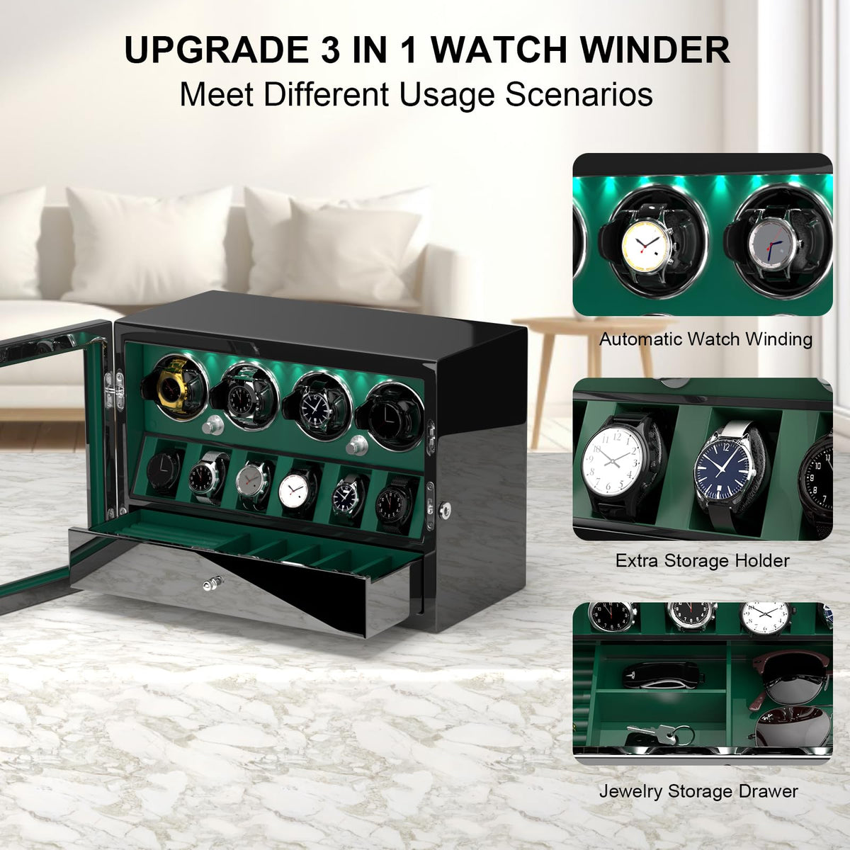 DUKWIN Watch Winder for 4 Automatic Watches,Lockable Watch Winders with Watch and Jewelry Storages, Super Quiet Mabuchi Motor with High-Gloss Piano Lacquer Finish,Built-in Illumination-Green