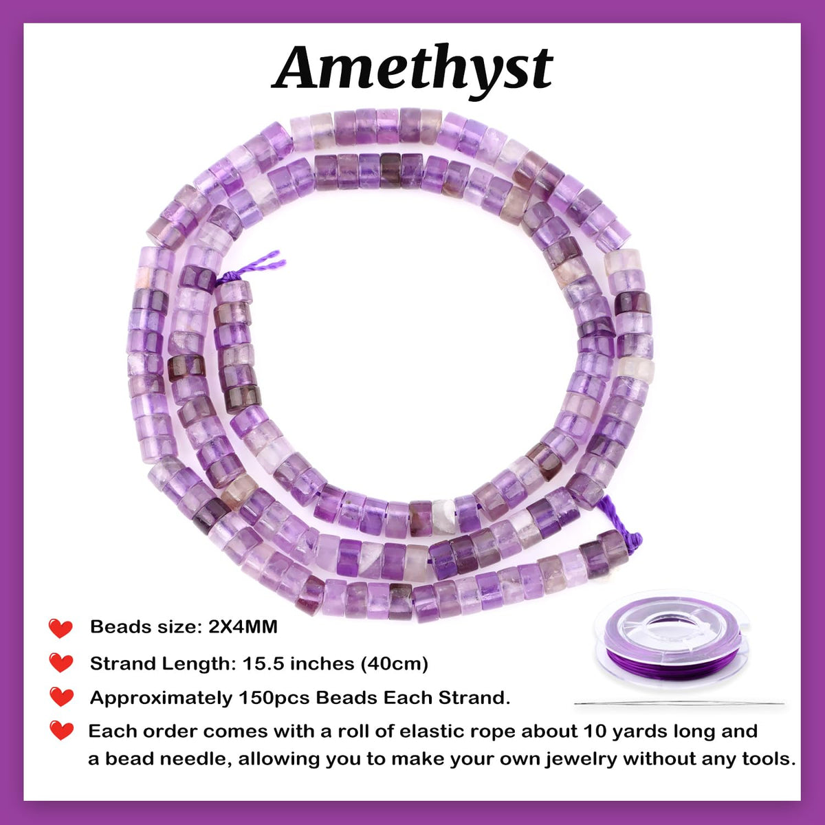 Natural Amethyst Heishi Spacer Beads Loose Semi Precious Flat Round Gemstone Disc Shape Stone for Beading Jewelry Making 4x2mm 15.5"