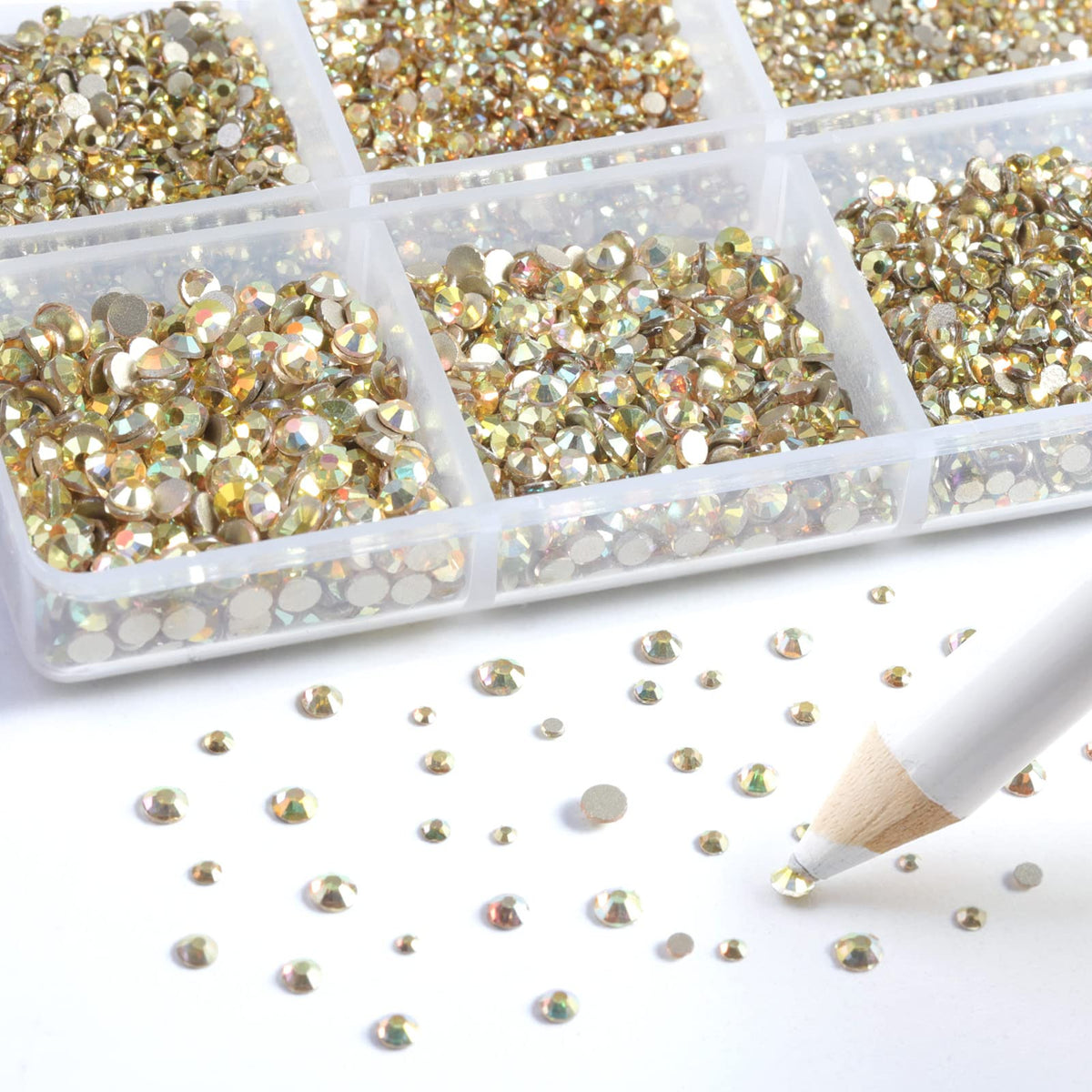 Beadsland 7200pcs Flatback Rhinestones,Gold Rhinestone Nail Gems Round Crystal Rhinestones for Crafts,Mixed 6 Sizes with Wax Pencil Kit, SS3-SS10,Metal Sunlight