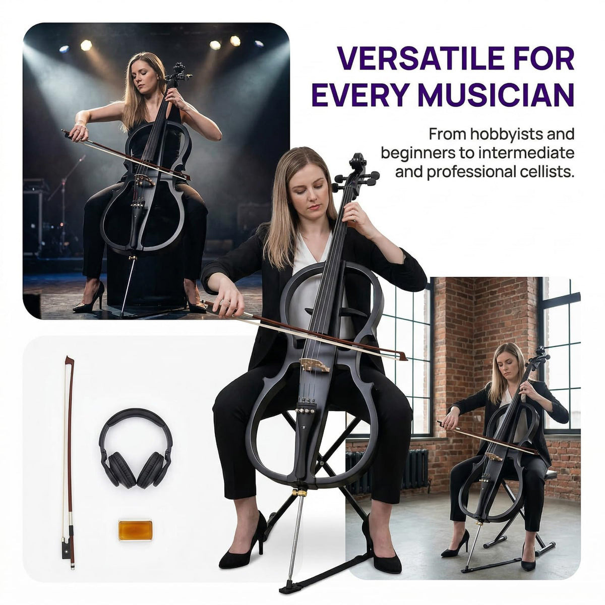 Verahaus Electric Cello 4/4 Full Size Ebony Fittings with Lightweight Cello Bag, Headphones, Bow, Bridge, Rosin, Cello for Beginners Adults(Metallic Black)
