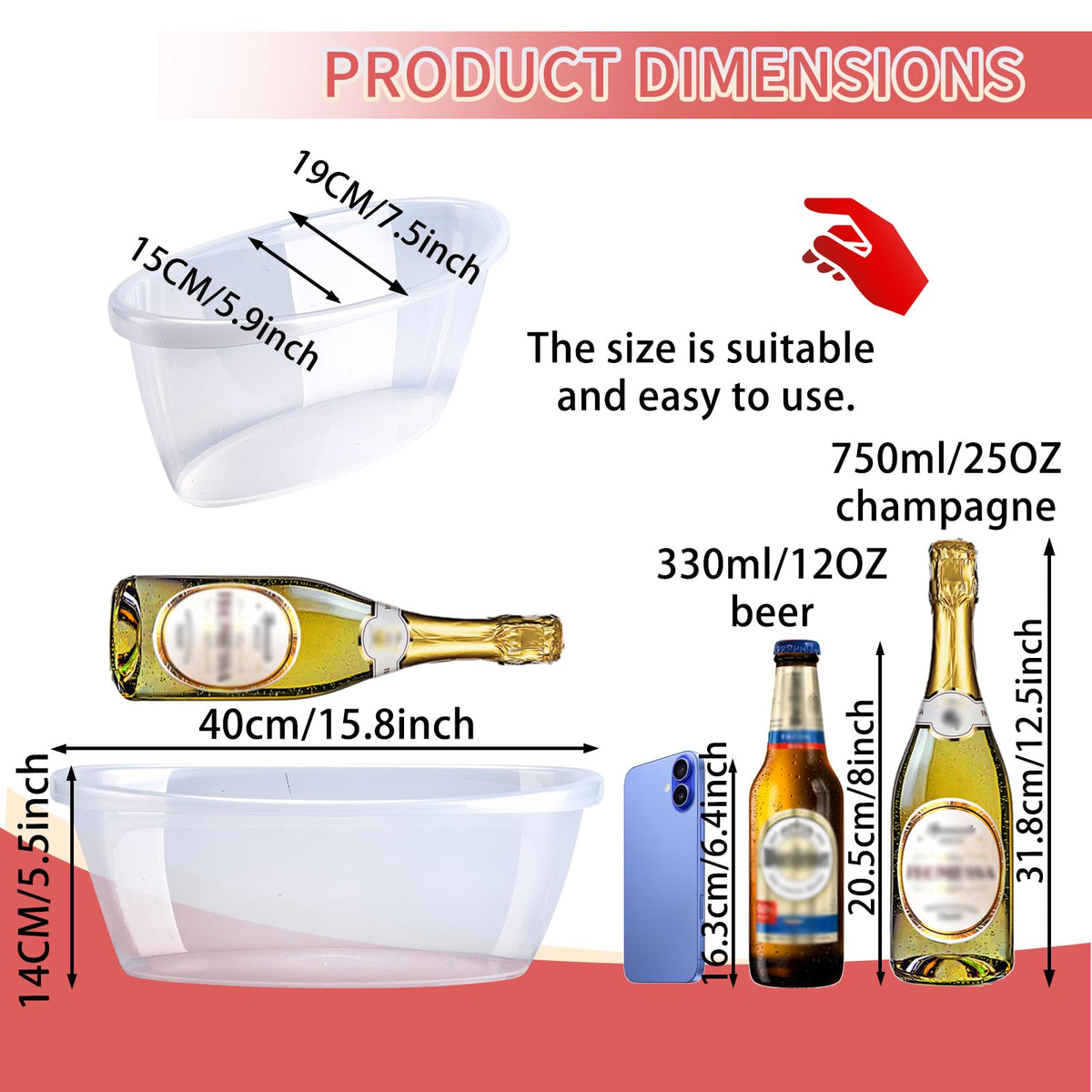 AiSmRu 2 Pack Large Ice Buckets for Parties, 5L Oval Plastic Champagne Wine Cooler Beer Chiller Bucket Beverage Tub for Mimosa Bruch Cocktail Bar Supplies Indoor Outdoor Wedding Party