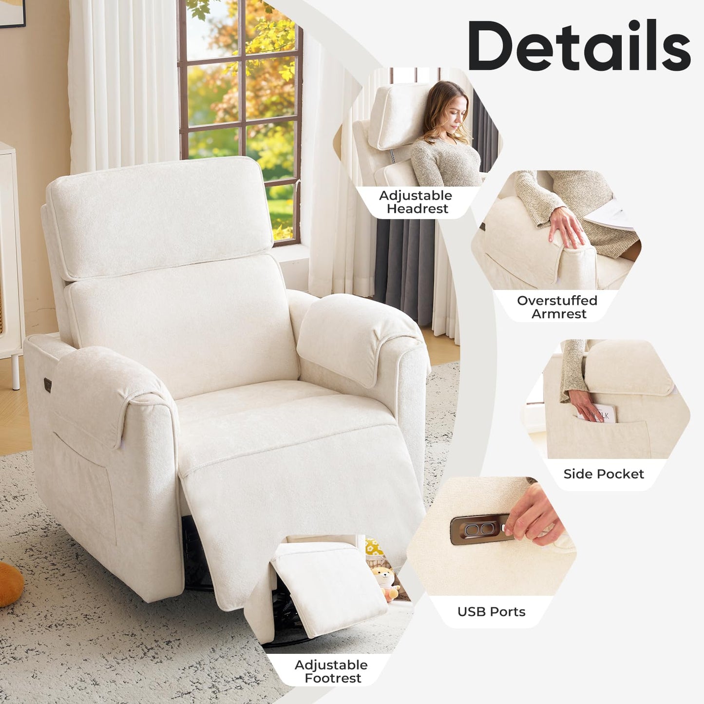 Rhevoy 24" Extra Wide Swivel Rocker Recliner Chair with Adjustable Headrest, Oversized Power Rocker Recliner with Overstuffed Armrest, Chenille Rocking Chair Nursery with USB Ports, Cream