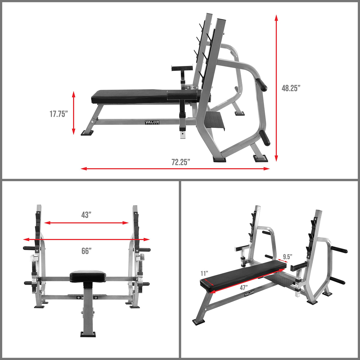 Valor Fitness Olympic Weight Bench Press Station - Spotter Arms - Adjustable Safety Catch- Max 500 lbs - Plate Storage Pegs - Home Gym Equipment