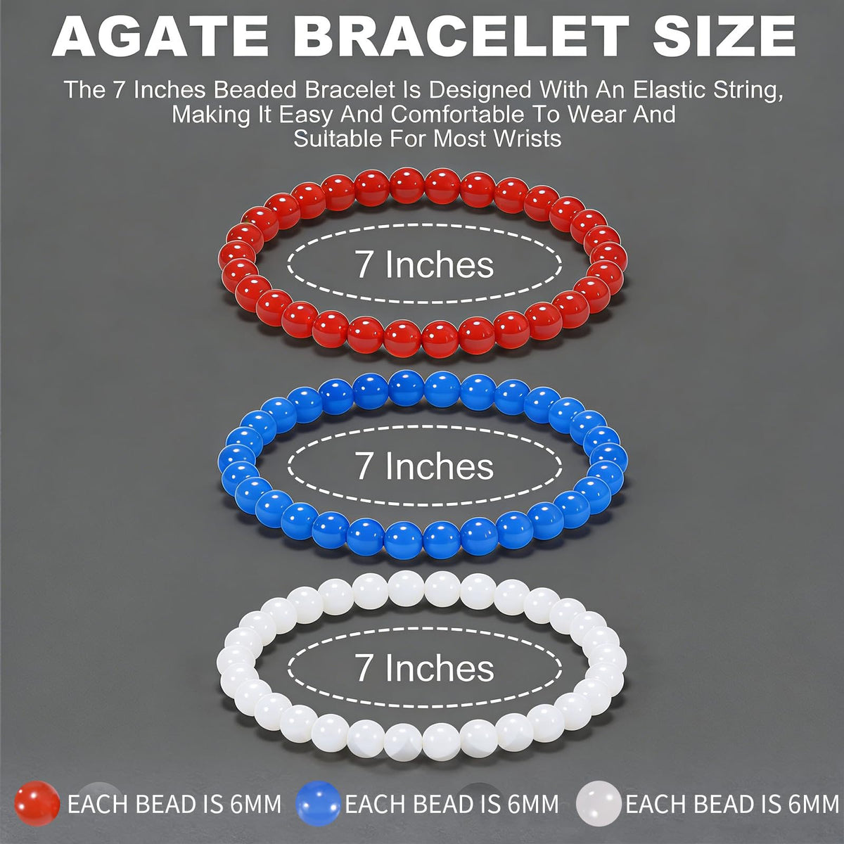 Aluckiss 6mm 3PCS Agate Bracelet for Women Men Natural Round Beaded Agates Stone Healing Stretch Bracelets Elastic Handmade Polished Gemstone Beads Bracelet Red+ Blue+White 3 Colors