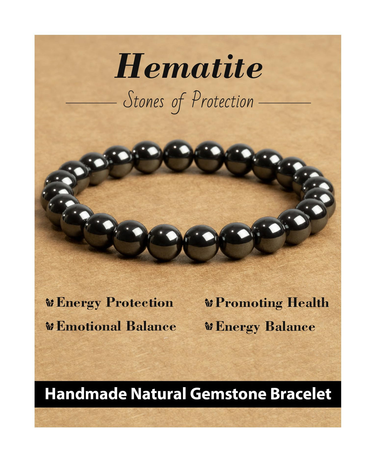 Landorilo Beaded Bracelet for Men Women, 8mm Natural Stone Hematite Healing Crystal Stretch Bracelets, Ideal Christmas Birthday Jewelry Gifts with Energy Card，Replacement Beads Included