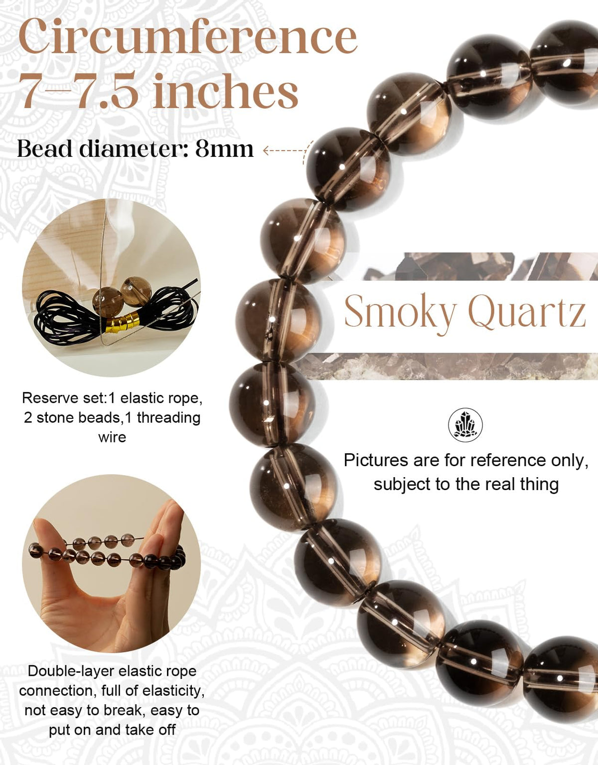 Landorilo Beaded Bracelet for Men Women, 8mm Natural Stone Smoky Quartz Healing Crystal Stretch Bracelets, Ideal Christmas Birthday Jewelry Gifts with Energy Card，Replacement Beads Included