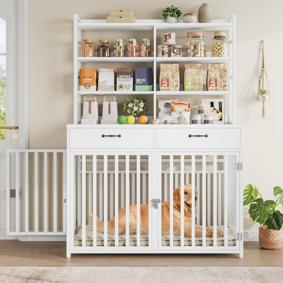 Keyluv 71''H x 47.2''W Large Dog Crate Furniture with 4-Tier Shelves and 2 Storage Drawers, Heavy Duty Dog Cage Furniture with 2 Doors, Wood & Metal Dog Kennel Indoor for Small/Medium/Large Dog, White
