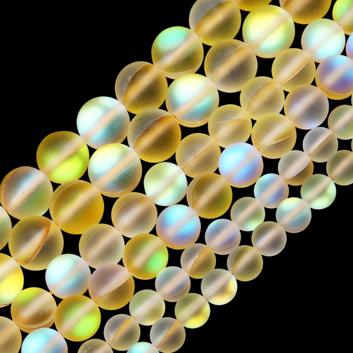 Matte Yellow Aurora Crystal Glass Beads, 8MM Frosted Glitter Shining Mermaid Round Loose Beads, Rainbow Holographic Synthetic Moonstone for Jewelry Making DIY Bracelet