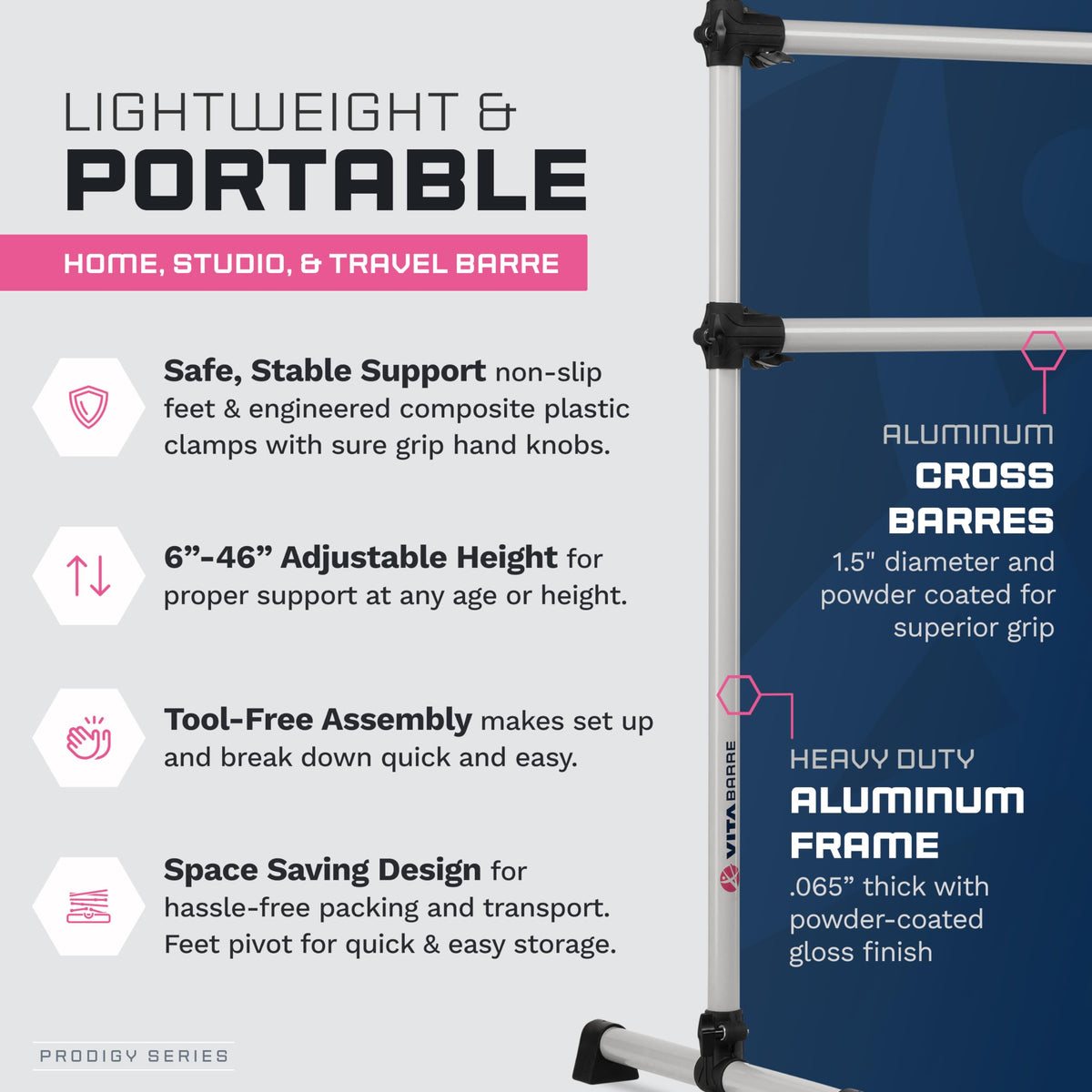 VITA Barre Portable Freestanding Double Ballet Barre, Prodigy, 8 Ft Bars, Satin Silver | Adjustable Height, USA Made, Home or Gym Exercise Equipment for Kids & Adults | Dance, Fitness, Pilates