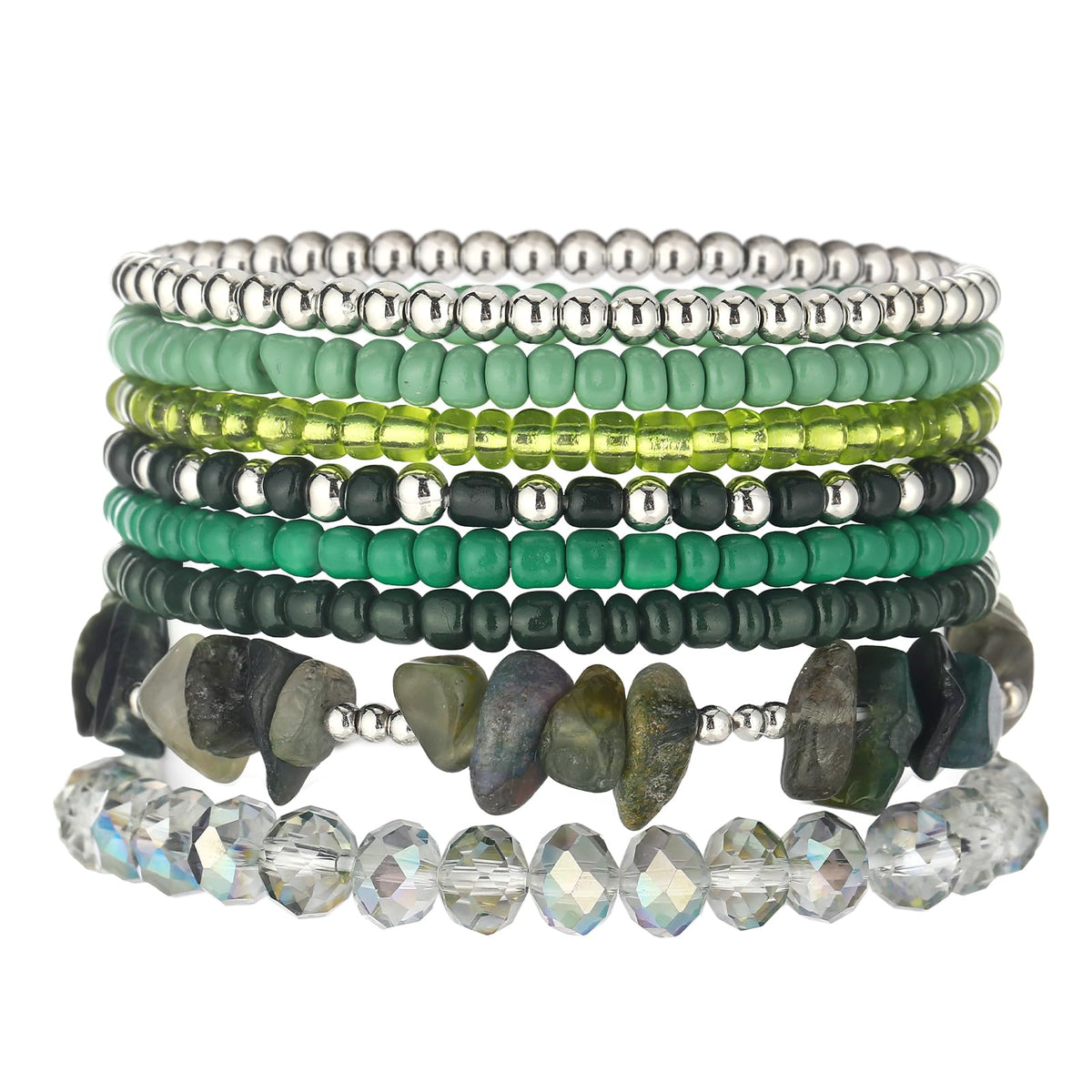 Noessla Boho Beaded Bracelets for Women Stackable Irregular Natural Stone Bead Stretch Bracelet Set 8PCS Costume Jewelry Gifts for Her(Green)
