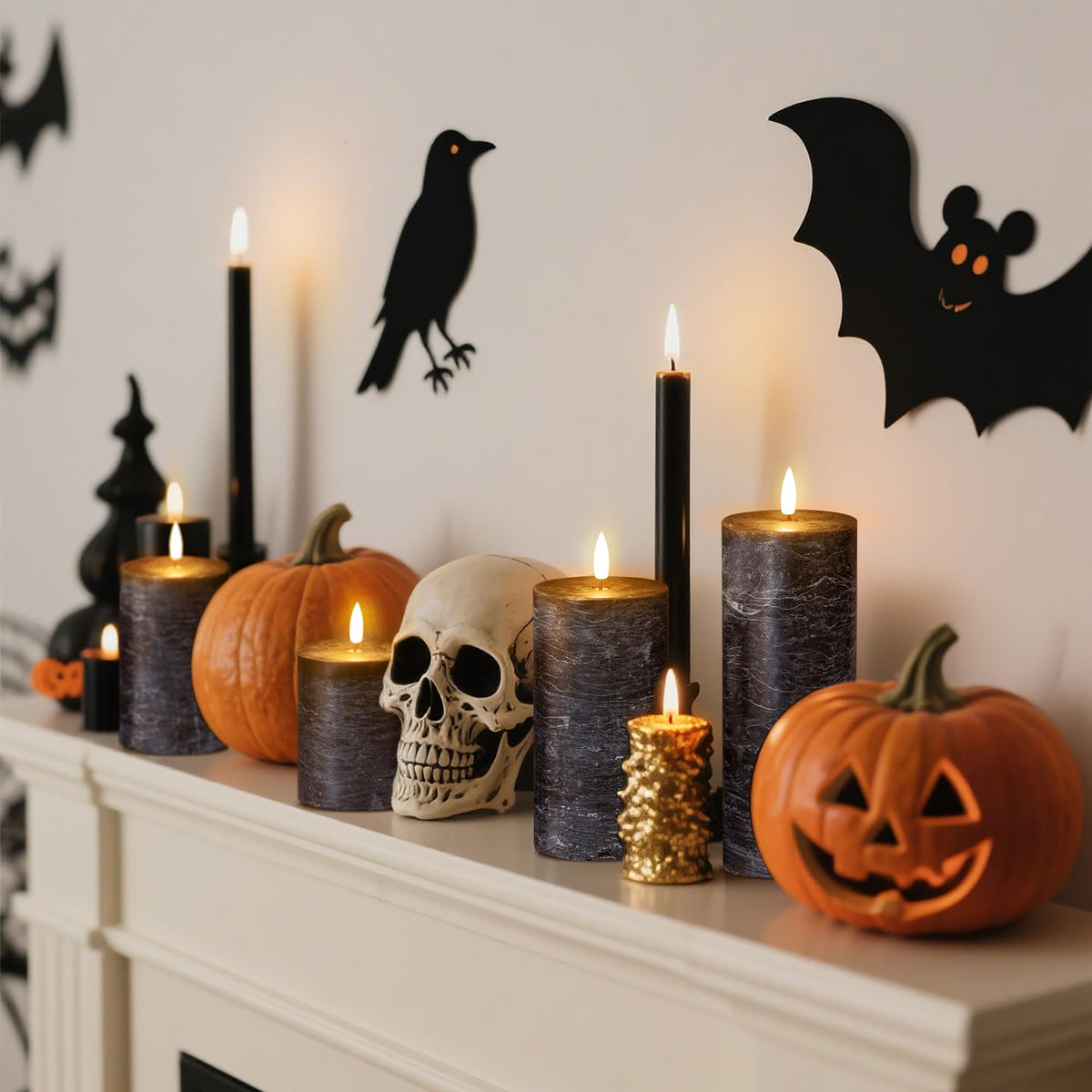 LUSHARBOR Halloween Flameless Candles, 4 Pack Battery Operated Halloween Candles with Remote, Wax LED Fake Pillar Candles Fireplace/Shelf Decor D3 H 5" 6" 7" 9" Black
