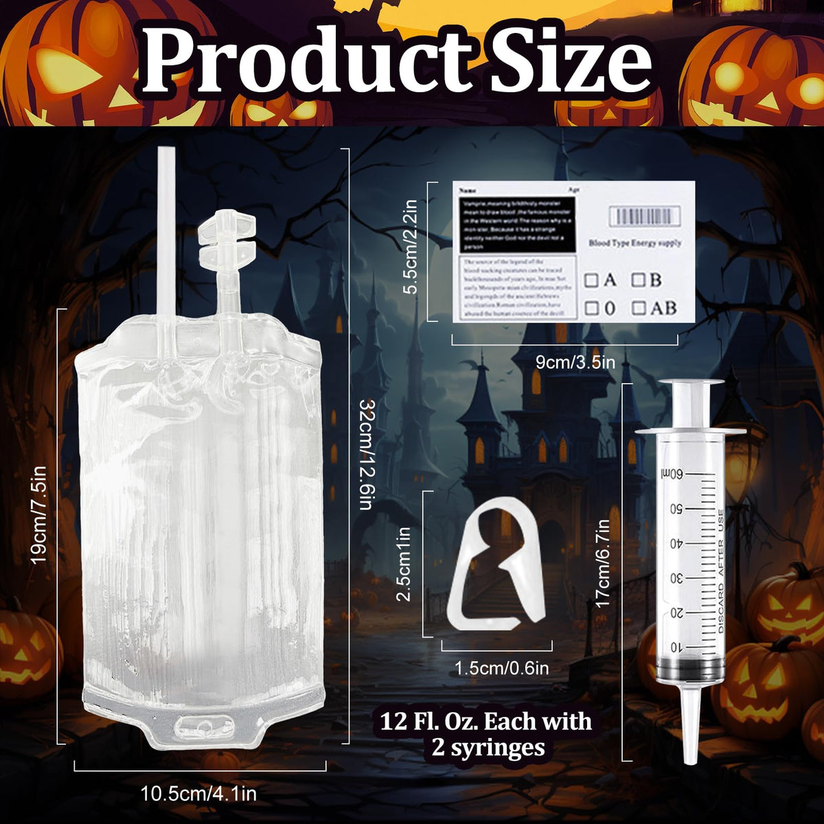 12 Pack Halloween Blood Bag Drink Containers, Reusable IV Blood Bags Pouches for Vampire Cosplay, Nurse, Medical, Horror Party Decorations, Doctor Nursing/RN Graduation, 12 Fl. Oz. Each + 2 Syringes