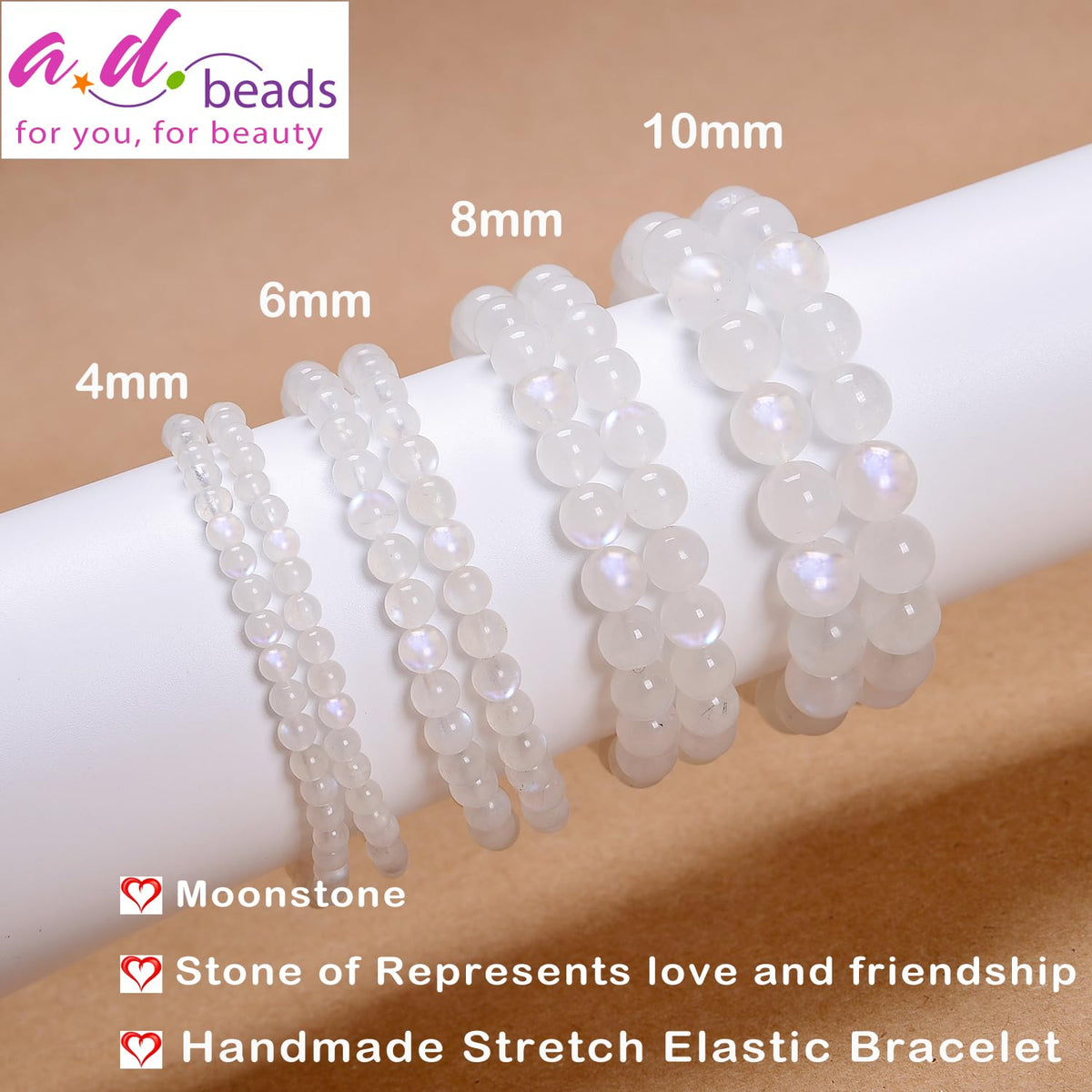 AD Beads Handmade Gemstone Stretch Elastic Bracelet Crystal Healing Reiki Nature's Beauty and Spiritual Essence Unisex (8mm, Moonstone (Love and Friendship))