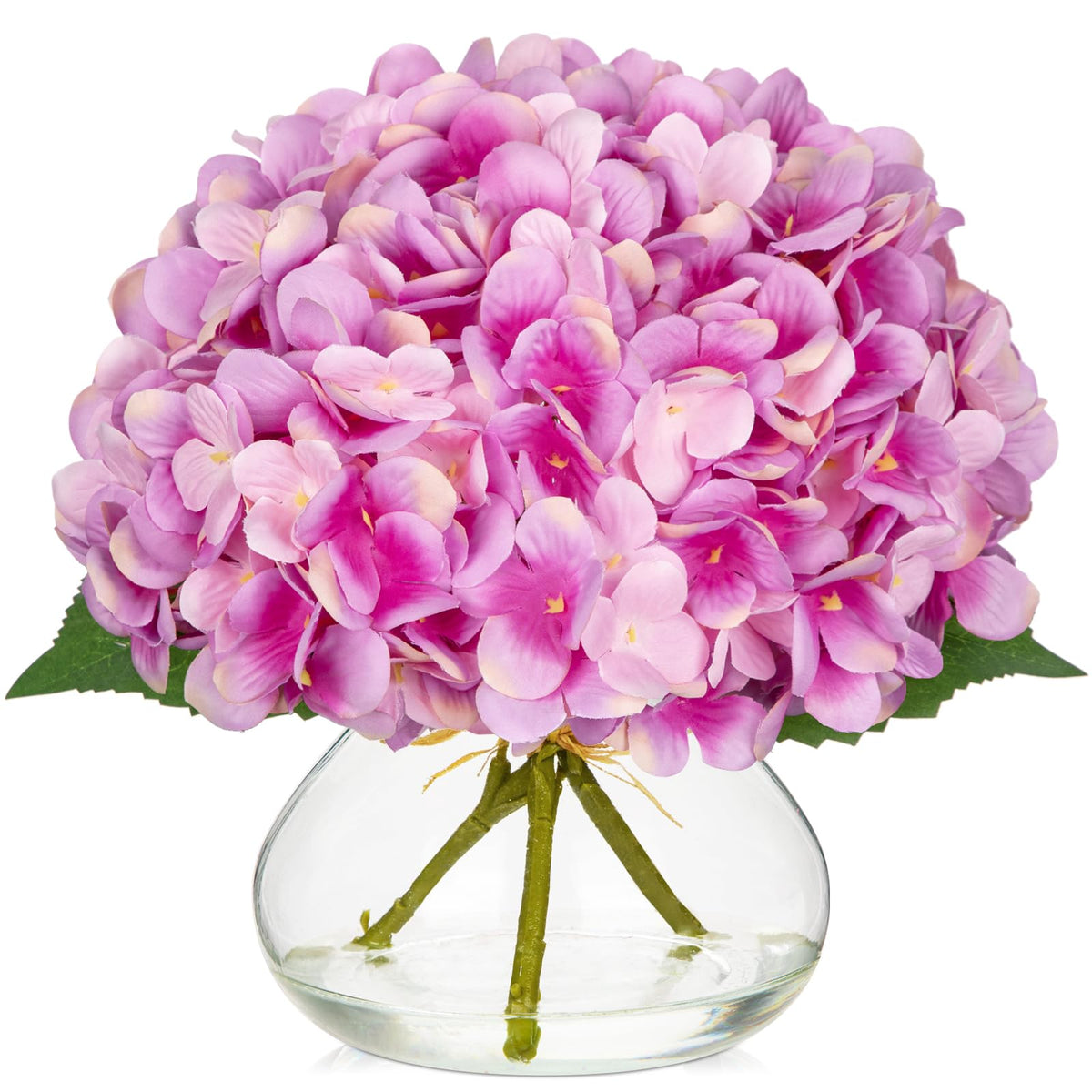 Hollyone Hydrangea Artificial Flowers with Glass Vase Purplish Pink Silk Faux Flowers Arrangements in Vase with Faux Water Fake Floral Bulk Bouquet for Home Decor Table Centerpiece Decorations