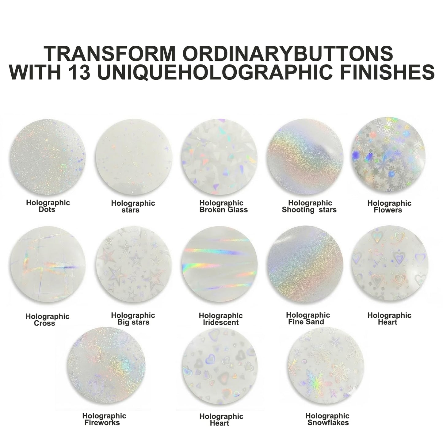 DAWZMR 390 Pcs Holographic Badge Film (13 Styles), Glitter Button Making Supplies for 2.25 Inch 58mm Machine, Round Badge Protective Film (Stars, Hearts, Broken Glass)