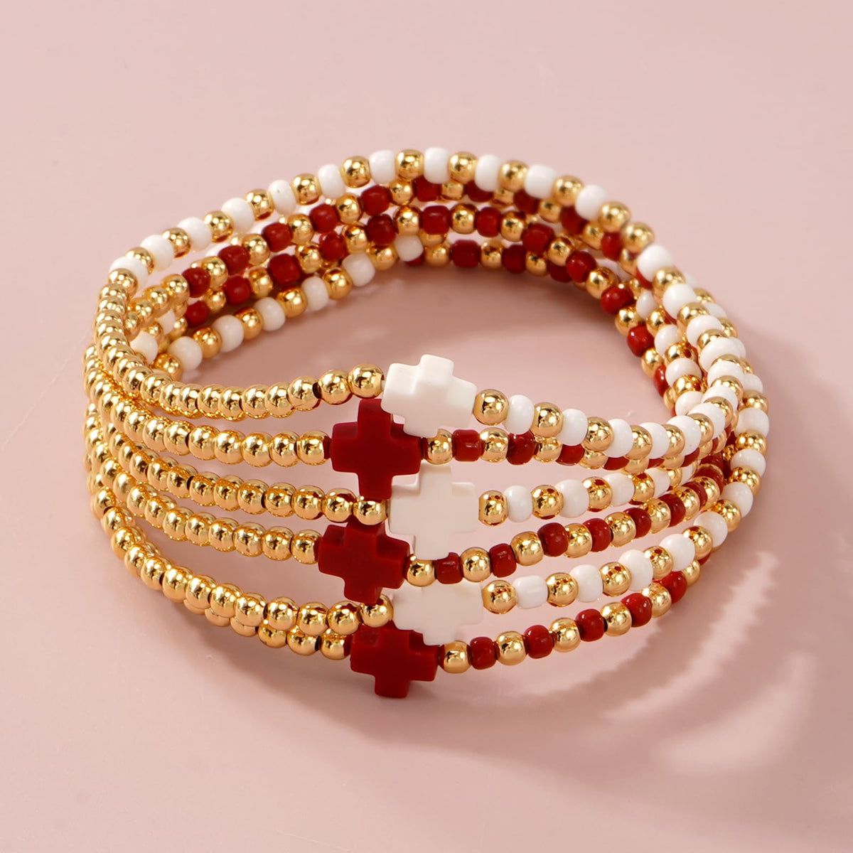 Bohxantium Gold Beaded Bracelets for Women Stackable Boho Gold Plated Red White Seed Beads Ball Cross Bracelets Stack Elastic Stretch Trendy Jewelry Accessories Non Tarnish Friendship Christian Gift