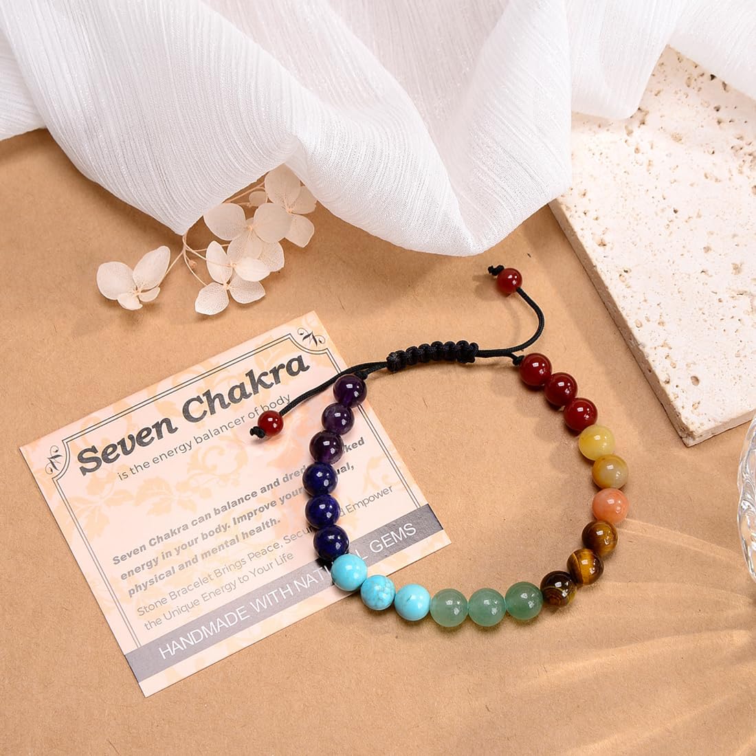 MASSIVE BEADS Seven Chakra Stones - Stone of Balance Energy - Handmade Yoga Stretch Elastic Bracelet Natural Stone Crystal Healing Power Energy Gifts for Unisex Adult 4mm