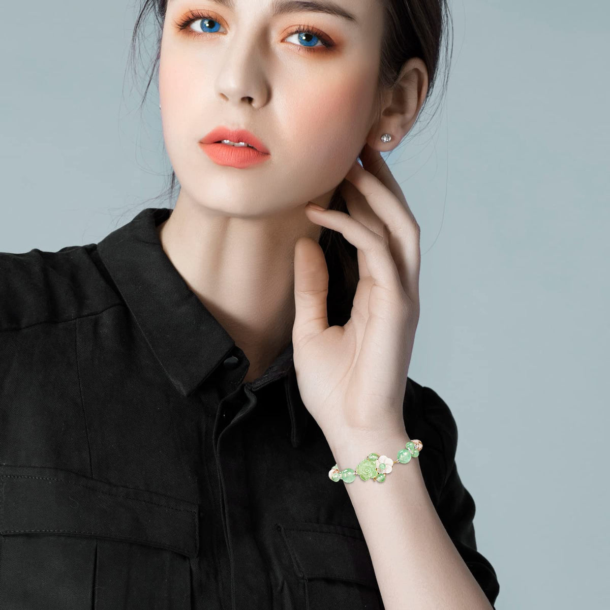 HL1971 Jade Beaded Elastic Bracelet Gradient Green Jade Bead Ladies Bracelet, Suitable for Christmas, Thanksgiving