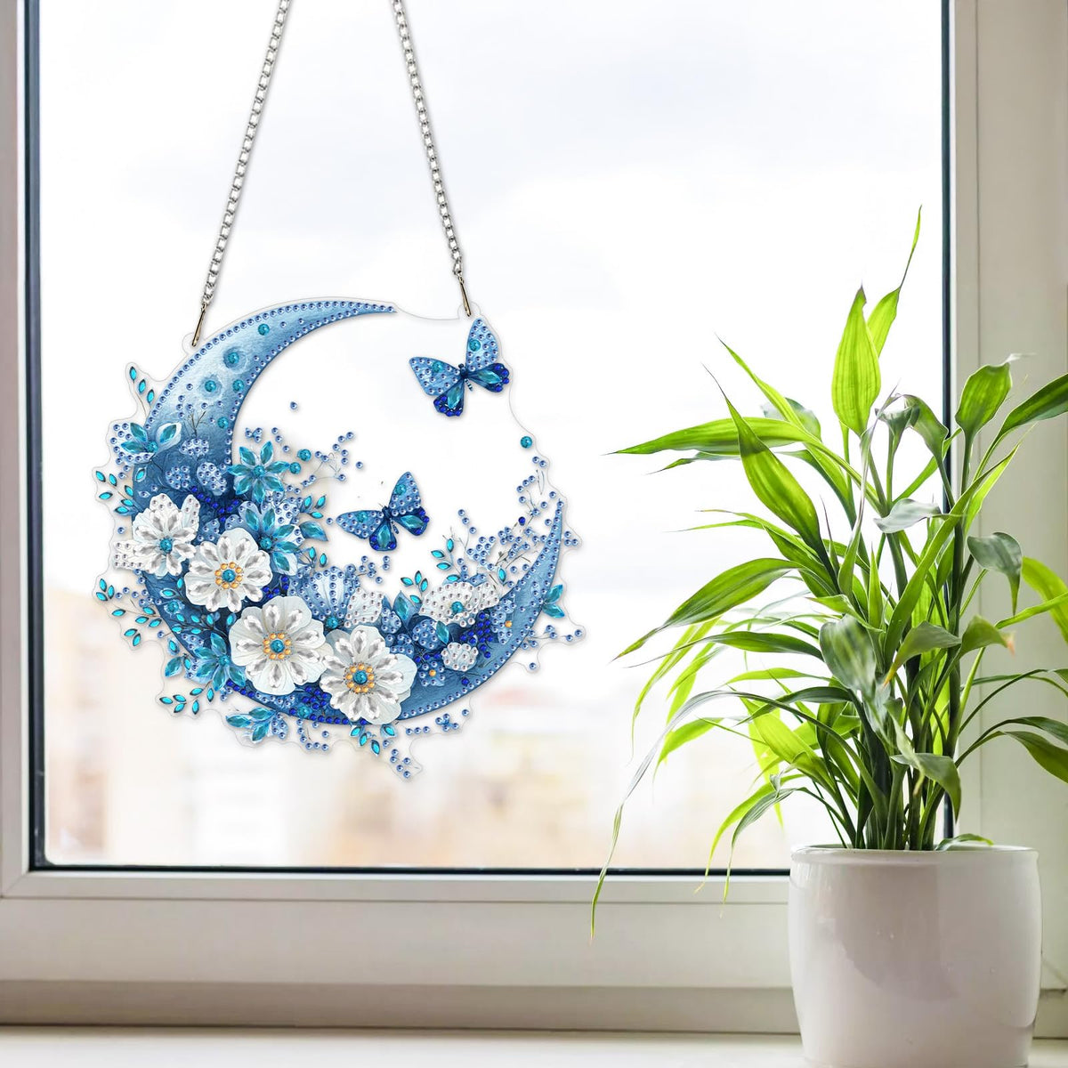 NAIMOER Diamond Art Hanging Kits for Adults Moon Butterfly 5D Special Shaped Rhinestone, DIY Acrylic Diamond Art Painting Window Pendants Home Garden Wall Hanging Ornament Kits, Double Sided
