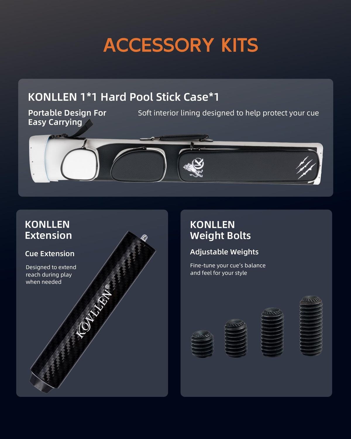 KONLLEN 2.0 Pool Cue Complete Set | Carbon Fiber Pool Cue with Professional Taper | Low Deflection Shaft for Adults & League Players