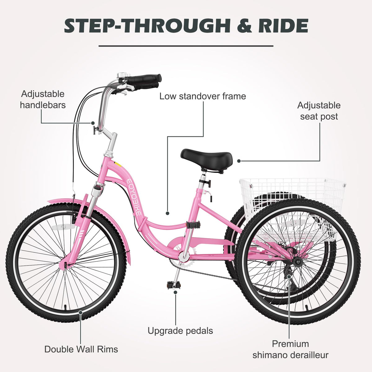 H&ZT Adult Tricycle, 3 Wheeled Bike, Trike Cruiser Bike, with 7-Speed Gear, Parking Brake Handle, Low Step, Large Rear Basket, Elderly Friendly, for Men, Women, and Teens
