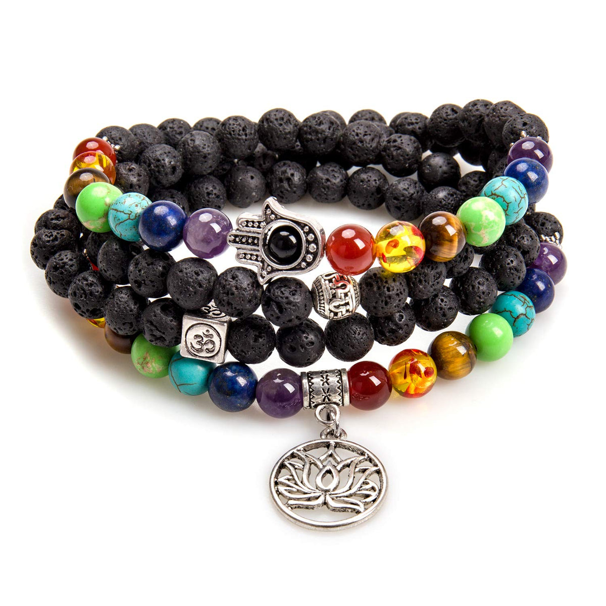 Addmluck 108 Mala Beads Necklace 7 Chakra Tree of Life Pendant Prayer Buddha Bracelets Healing Stone Yoga Men Women Jewelry(Natural lava beads)