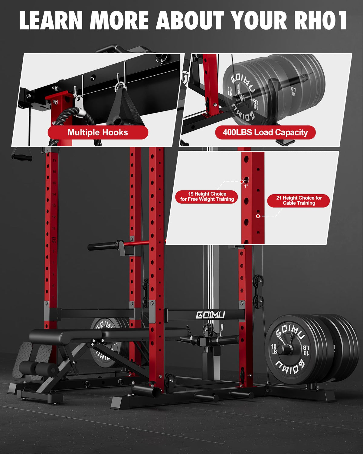 GOIMU RH01 Power Cage Rack, 2000LBS Squat Rack with with Cable Crossover System&LAT Pull Down System, Multi-Function Workout Cage for Home&Garage Gym (Red, RH01 Power Cage)