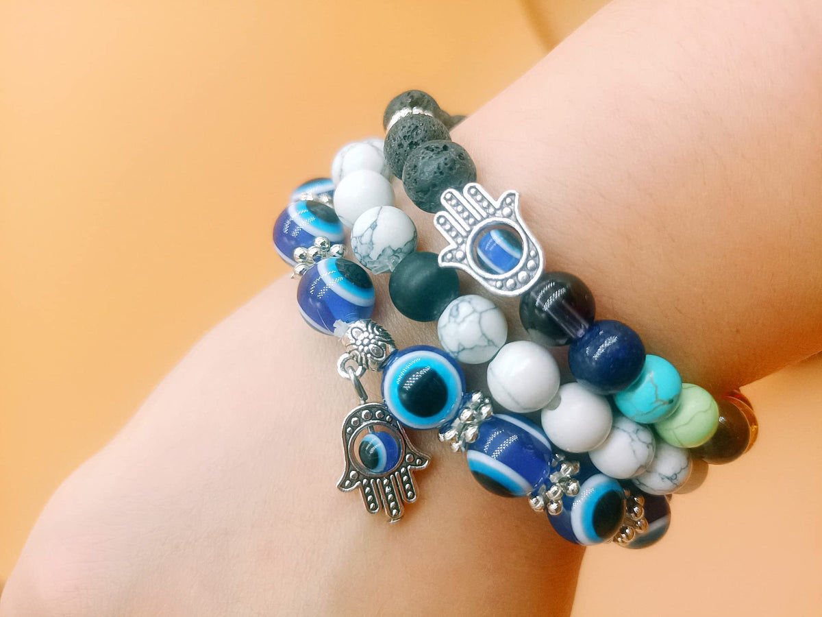 CJIAYUJEW 3pcs Evil Eye Bracelet Chakra Crystal Bracelets Set,Evil Eye Hamsa Blue Beaded Charm Stretch Bracelet for Blessing (White, Zinc Alloy)