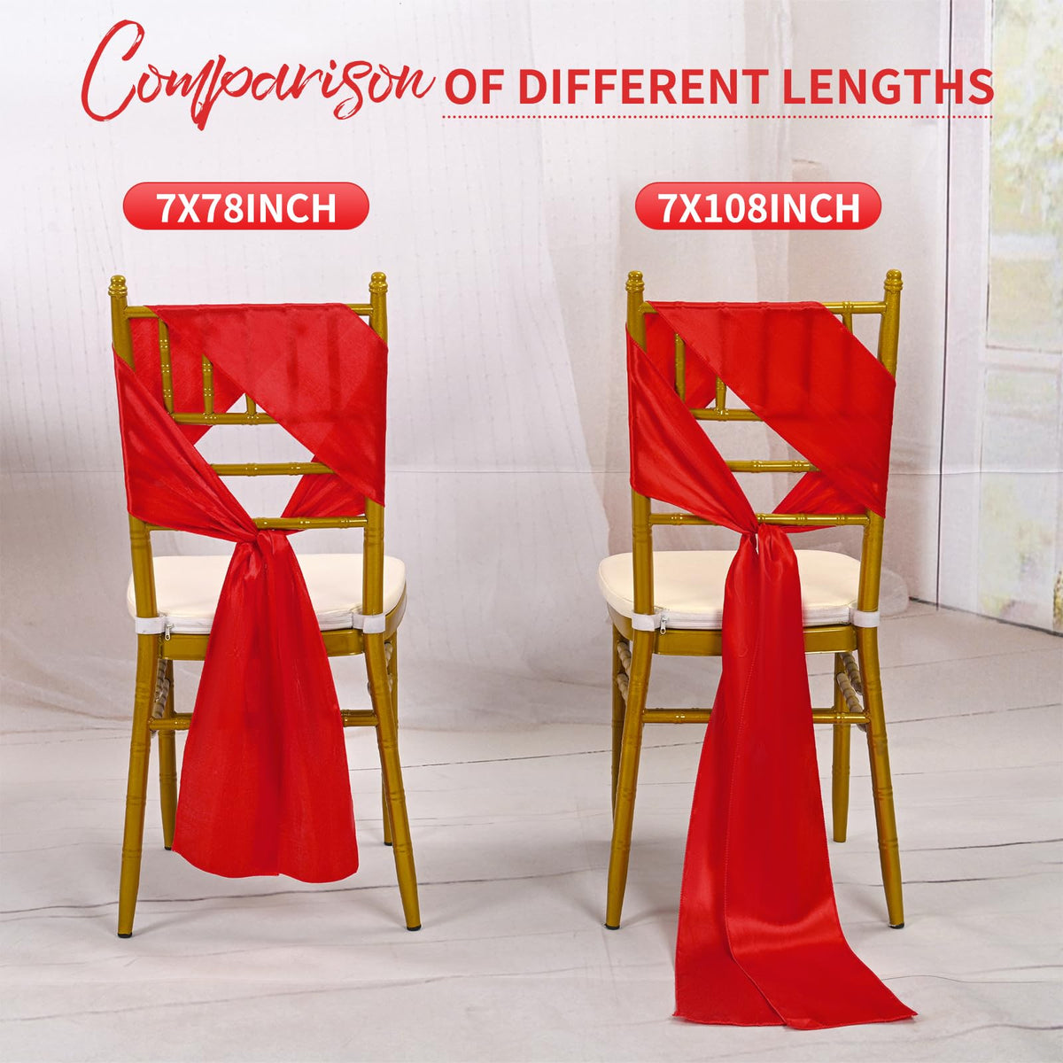 LOKUME 100 PCS Satin Chair Sashes Bows, Red Ribbon Ties Back Sash for Wedding Birthday Banquet Party Hotel Event Cover Decoration (7 x 78 Inch)