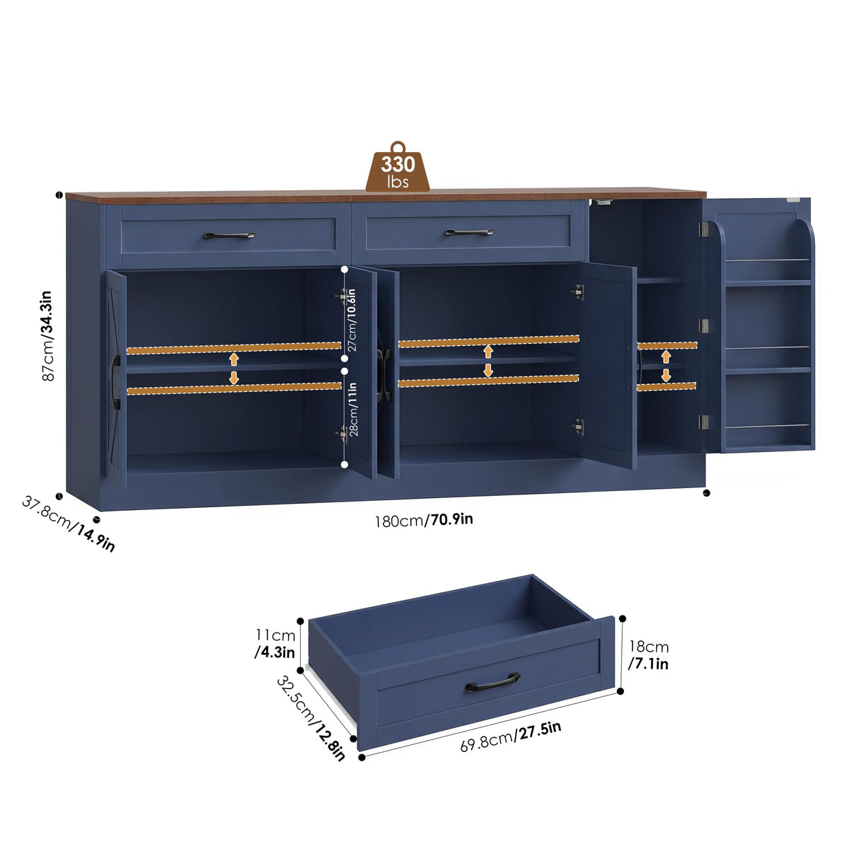 BOTLOG 71” Large Sideboard Buffet Cabinet with Storage, Farmhouse Buffet Cabinet with Adjustable Shelves and 3 Door Shelves, Wood Coffee Bar Console Table for Kitchen, Dining Room (Blue)