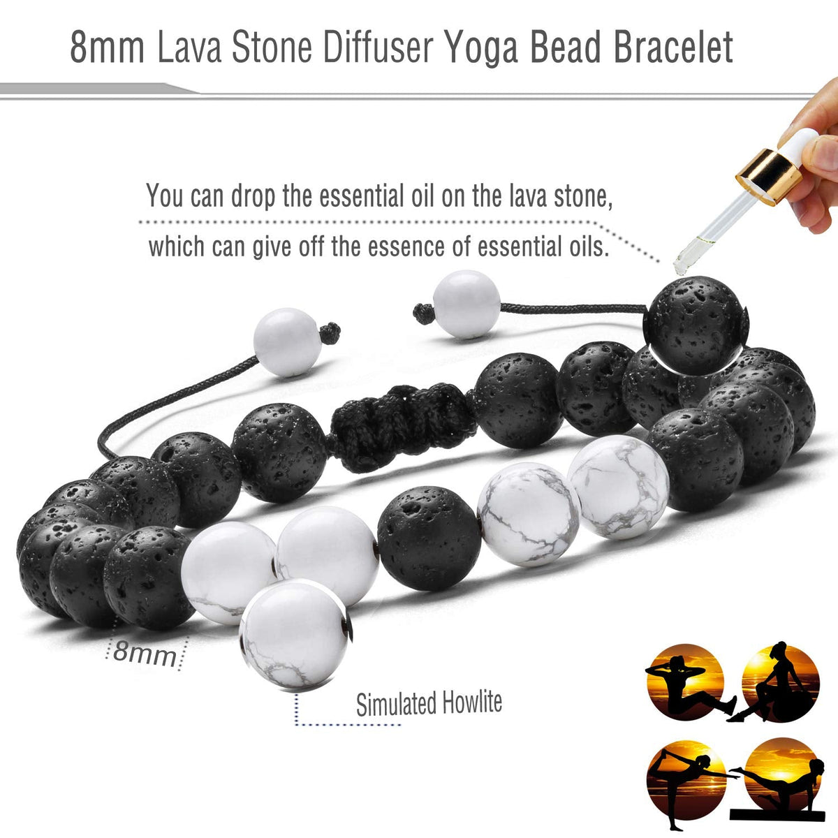 Hamoery Men Women 8mm Lava Rock Aromatherapy Anxiety Essential Oil Diffuser Bracelet Braided Rope Natural Stone Yoga Beads Bracelet Bangle(Set 3)