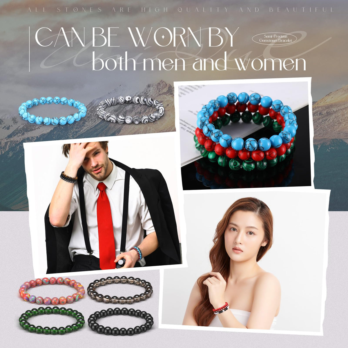 Landical 24 Pcs 8mm Gemstones Beaded Bracelets for Men Women Stretch Round Bead Bracelets Set Healing Crystal Stone Bracelets Semi Precious Bracelets (Classic)