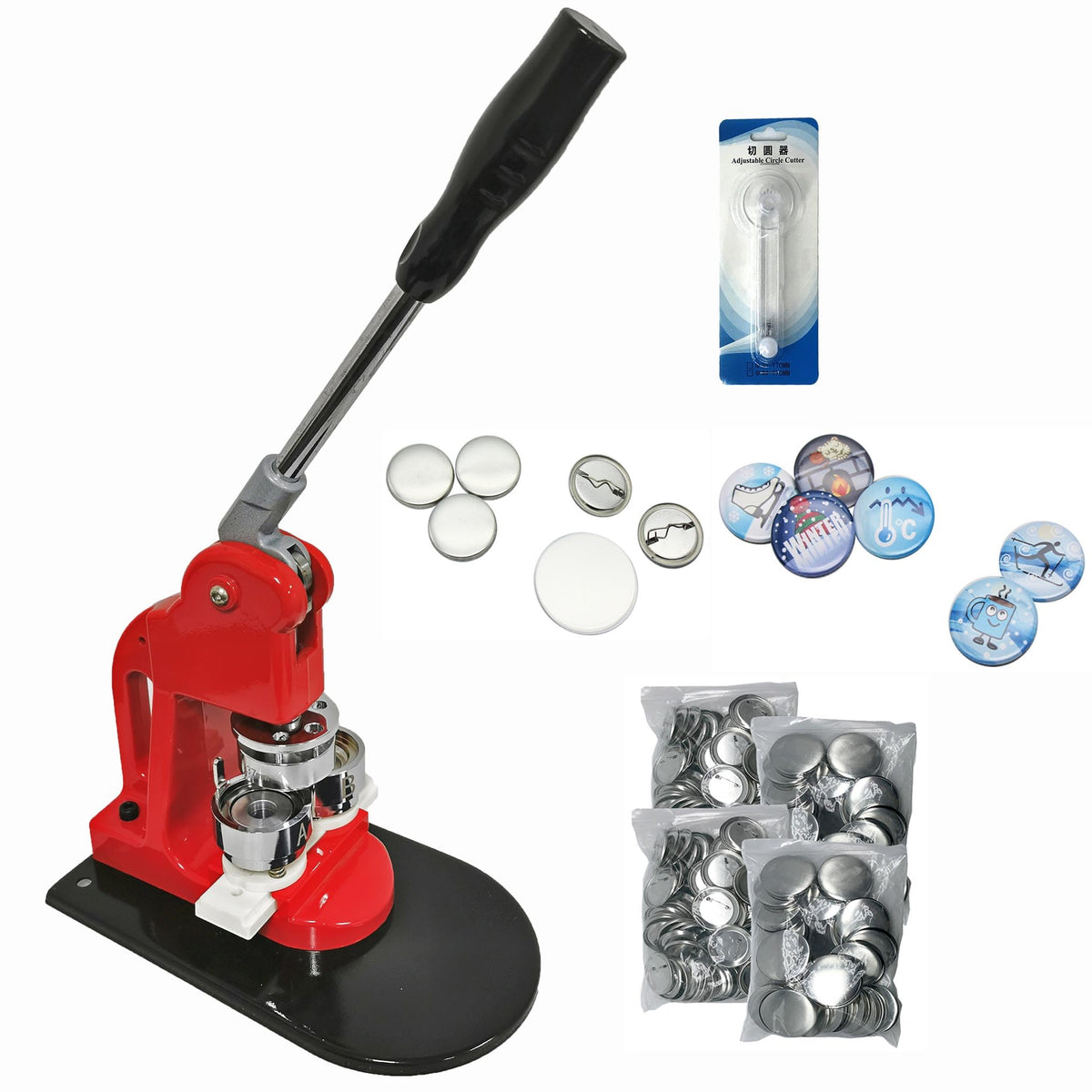 Chibuttons Kit 37mm (1 1/2") Button Badge Press Machine Maker-1 + 37mm Round Die Moulds + Adjustable Circle Cutter + 200 Pin-Back Button Components
