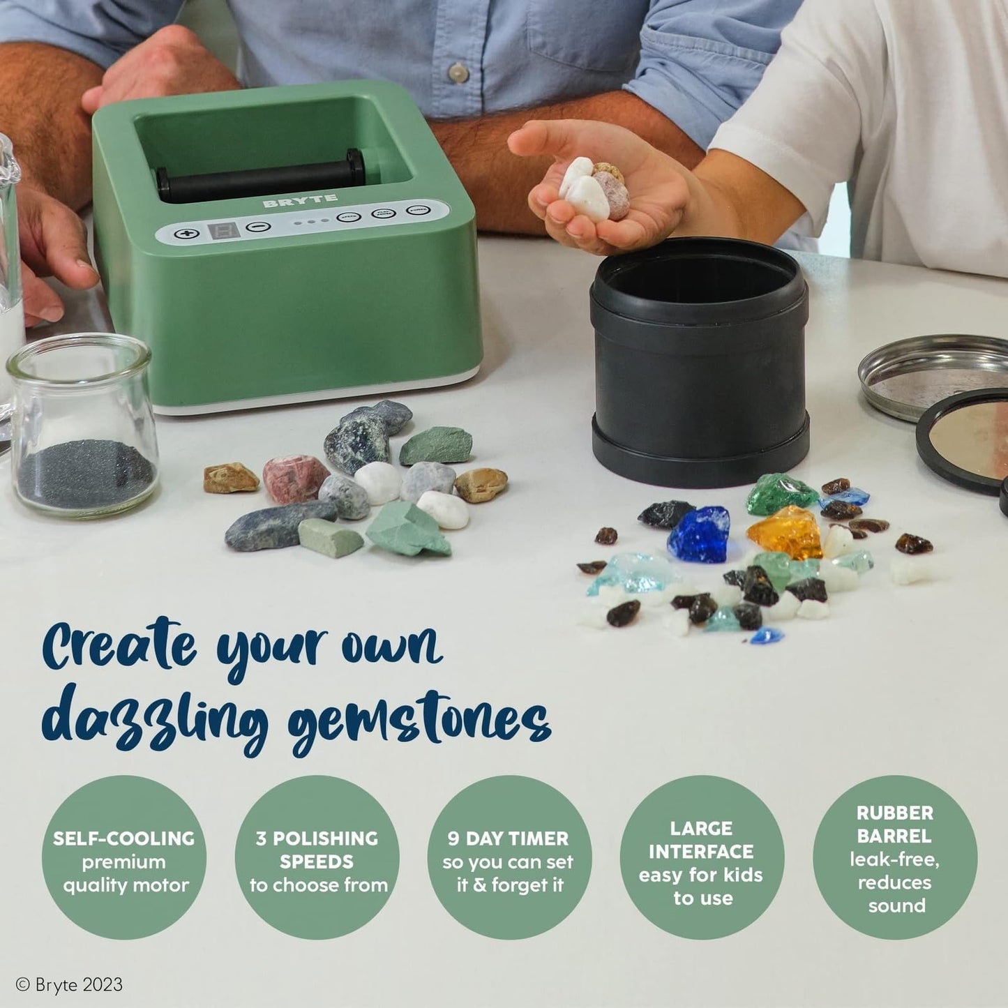 BRYTE Rock Tumbler & Tumbling Machine - Medium Mint Green, 3-Speed, Ages 8+ - Direct-Drive, 9-Day Timer & Cooling Quiet Motor - Indoor Quiet Polisher & Sea Glass Kit - Rock Tumblers for Adults & Kids