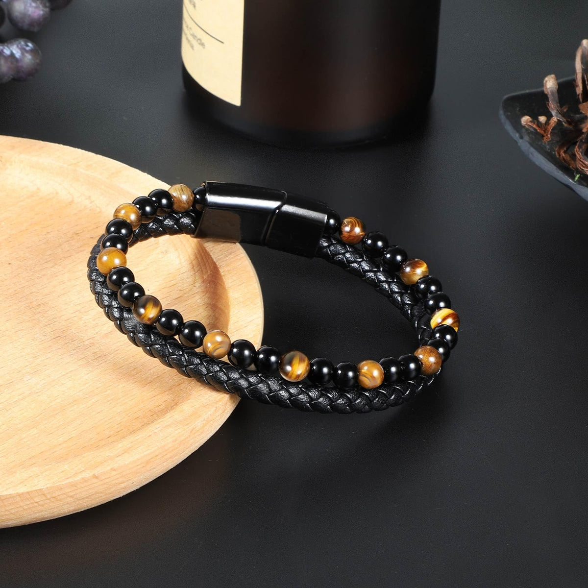 Enjoy Risingsun Tiger Eye Black Leather Bracelet Men Natural Tiger Eye Obsidian Gemstone Crystal Stone Jewelry Handmade Courage And Stress Relief Protection Bracelet