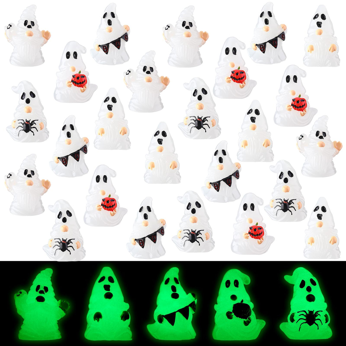 Quzzil 80 Pcs Halloween Glow in Dark Ghost Luminous Mini Resin Ghost Figurines Bulk to Hide Halloween Miniature Figurines Decorations for Landscape Patio Garden Yard Party Village Crafts