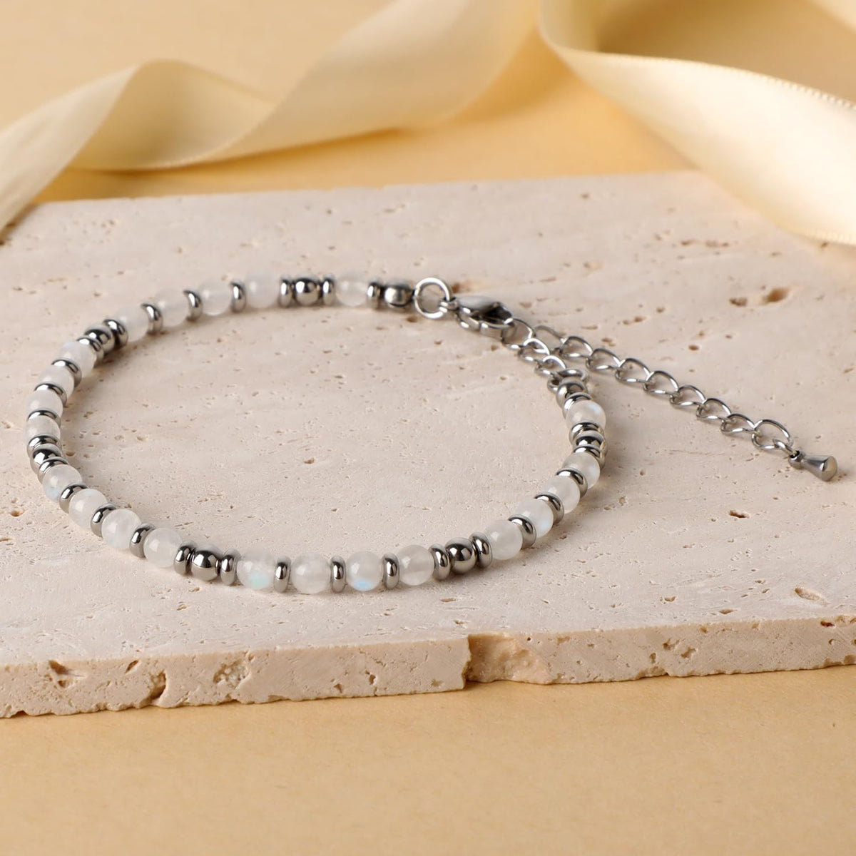 4mm Moonstone Tiny Beaded Bracelets For Women, Energy Gem Charm Jewelry Adjustable Bracelet Gifts for Mom, Daughter, Wife, Coworkers, Friends, Bestie