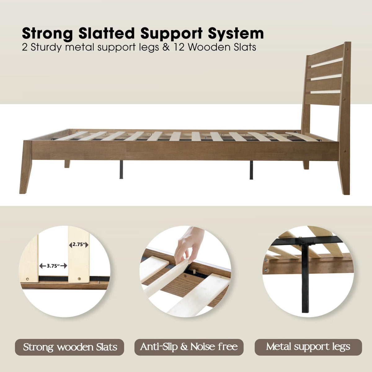 Queen Size Bed Frame, Solid Wood Platform Bed with Headboard & Footboard, Center Metal Legs, 12 Strong Slatted Base, No Box Spring Needed, Anti-Noise & Slip-Free Easy Assembly, Barnwood Finish RKQ-30