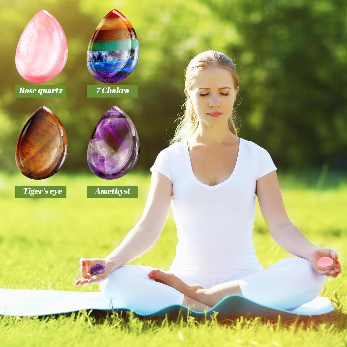 Roowest 4 Pcs Thumb Worry Stone for Anxiety Natural Crystal Healing Stone Chakras Amethyst Tiger Eye Quartz Pocket Hug Gift for Office Stress Meditation(Chromashift,Teardrop)