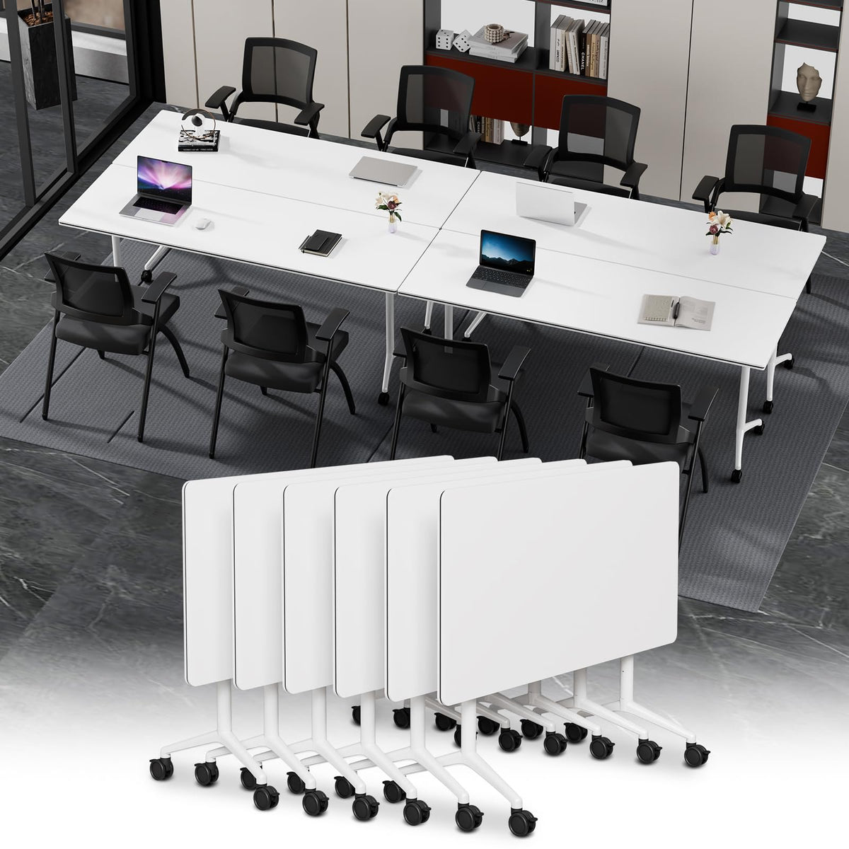 Modular Folding Conference Table with Wheels,6 Pack Mobile Conference Room Tables,Filp Top Rolling Meeting Training Tables for Office,Classroom,Library,Seminar,Boardroom,school(6pack,White,61in)