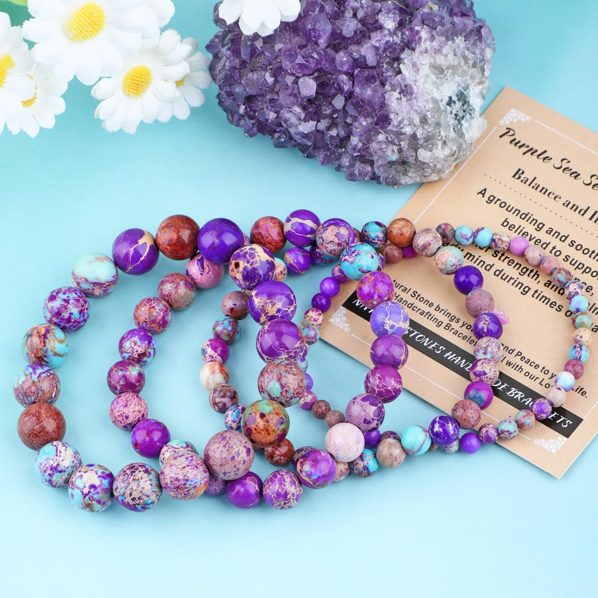 AD Beads 8mm Handmade Purple Sea Sediment Imperial Jasper Elastic Bracelet – Natural Gemstone for Joy & Positivity – Meditation, Yoga, Healing and Energy Gift for Men Women