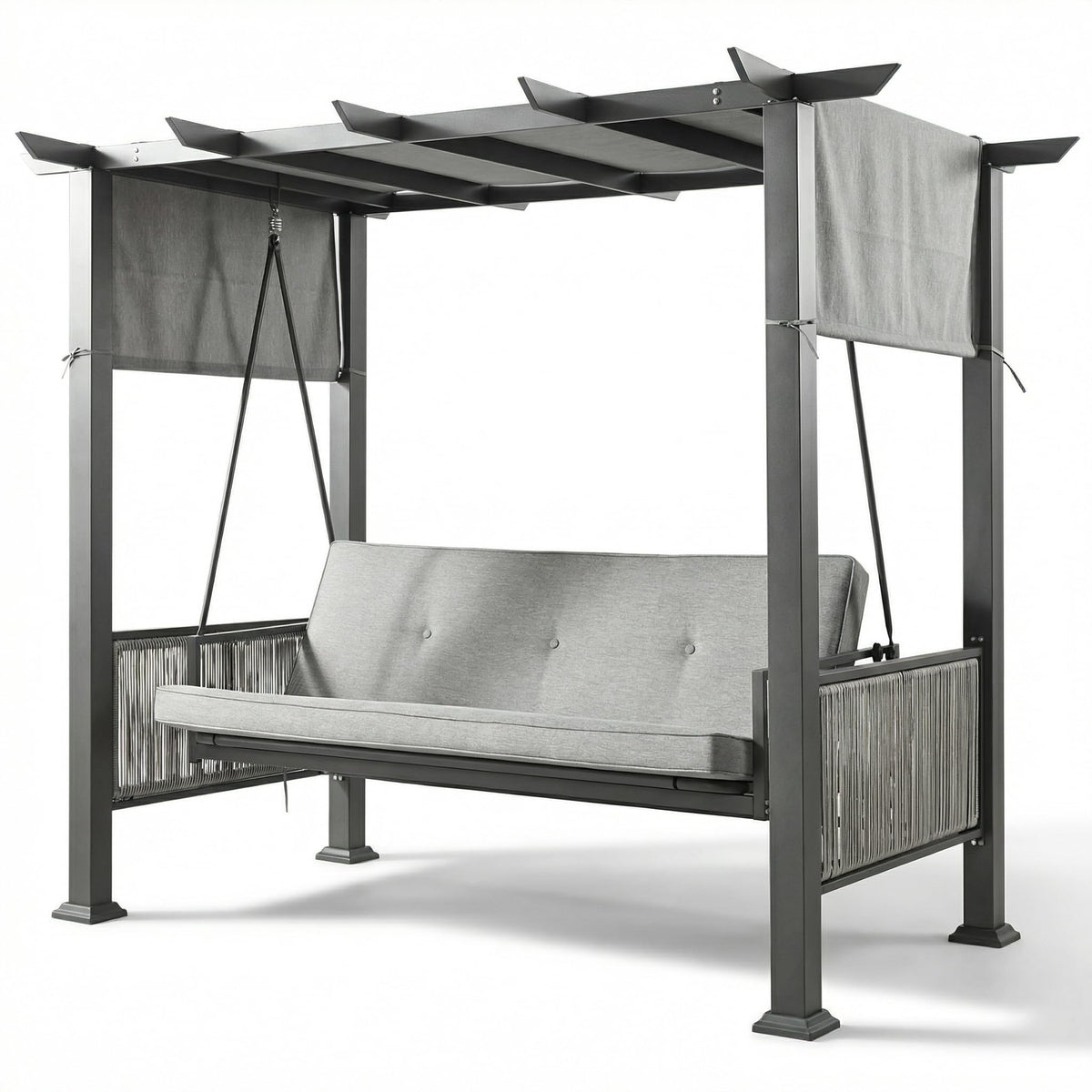 Pamapic 2-in-1 Convertible Porch Swing Bed, 3-Seat Elegant Patio Swing with Wicker Armrests, Outdoor Chair with Adjustable Canopy for Balcony, Garden, and Poolside, Gray