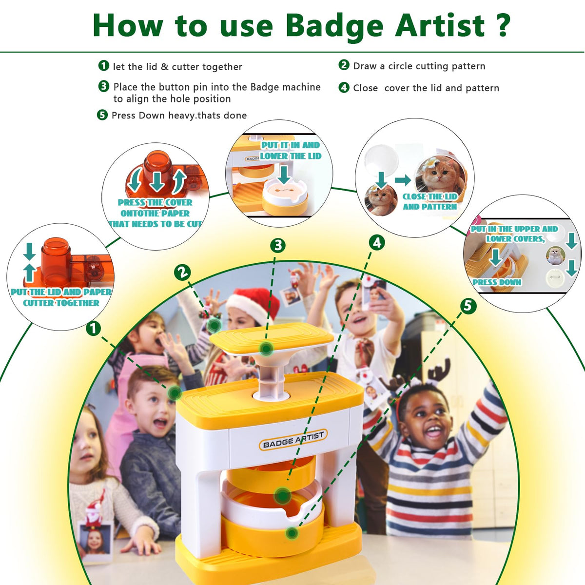 Badge Maker for Kids, 55 mm (2.16 inch) DIY Pin Button Maker Press Machine Badge Punch Kit with 48 pcs Button Parts Pictures Circle Cutter Present Installation-Free