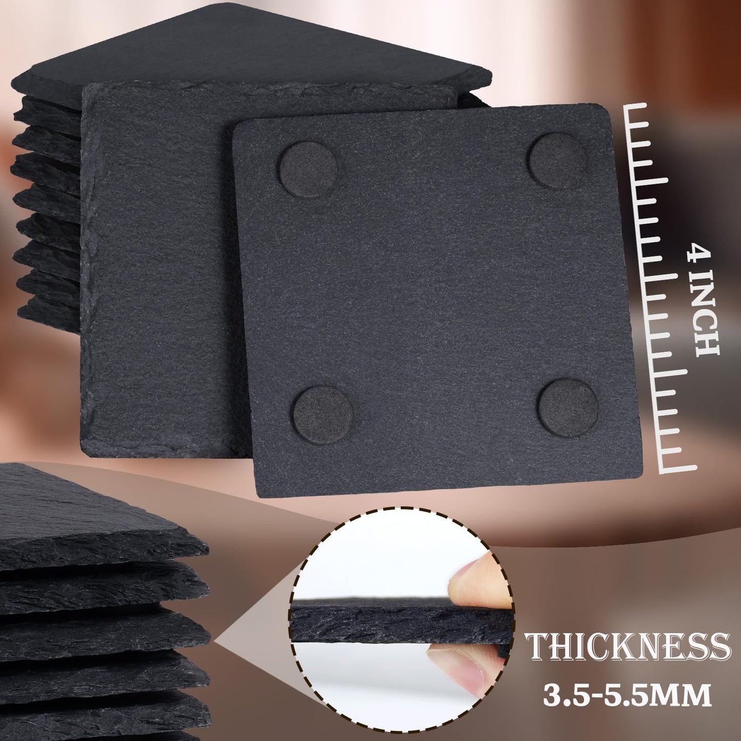 24 Pieces Slate Drink Coasters, GOH DODD 4 Inch Black Coasters Stone Coaster Set, Laser Engraving Blanks with Anti-Scratch Bottom for Home Office Kitchen Housewarming Gifts Wedding Party, Square