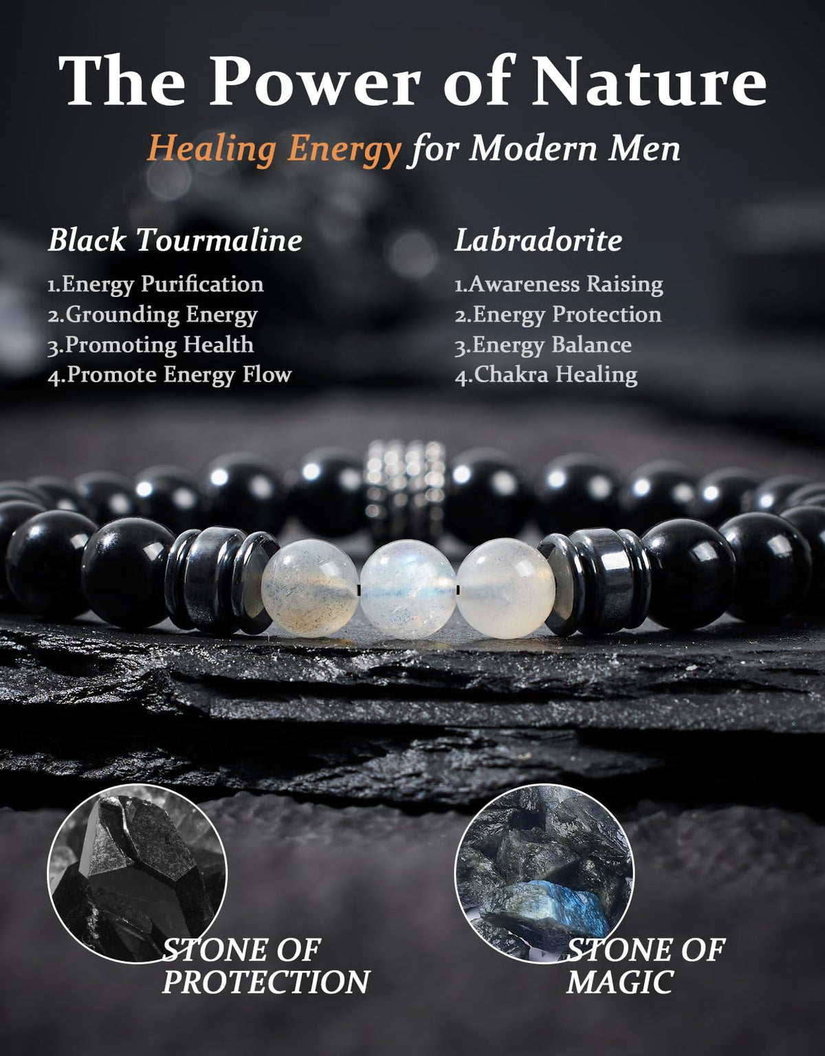 Landorilo Gifts for Men, 8mm Natural Stone Beaded Bracelets, Black Tourmaline & Labradorite Healing Bracelet, Handmade Mens Jewelry Gift for Him, Husband, Son, Father, Friend(To My Son-8.3in)