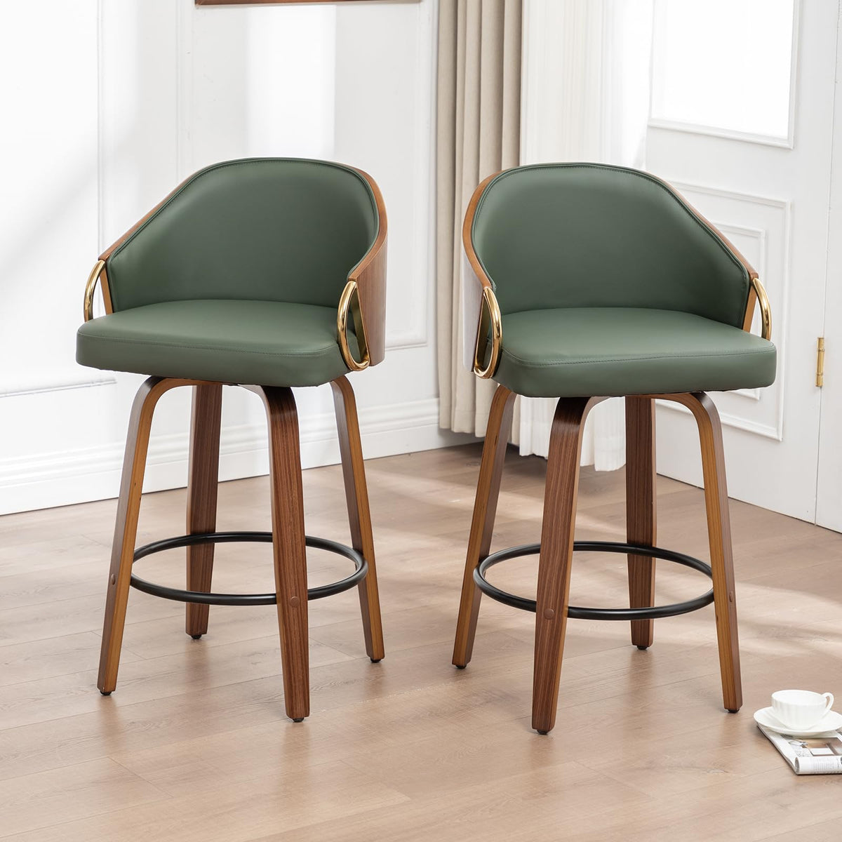 YOUUGIOR 24.8" Swivel Counter Height Bar Stools Set of 3,Green Leather Barstools Mid Century Modern Bar Chairs with Wood Legs and Golden Arms for Kitchen Dining Pub Cafe