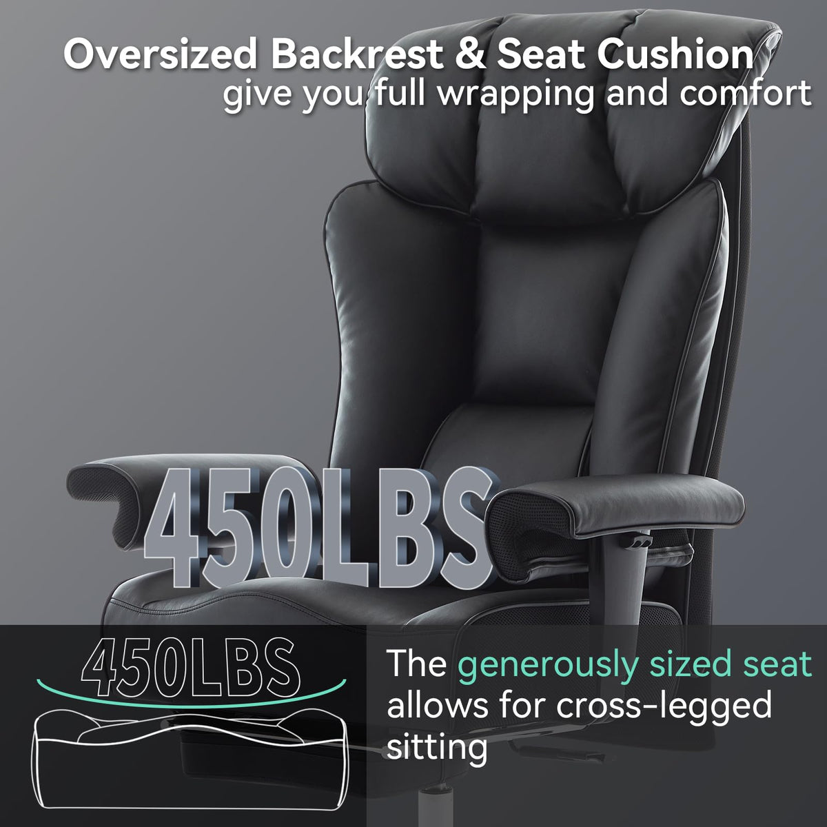 Efomao Big and Tall Office Chair 450lbs, 5.9" Thick Pocket Spring Executive Office Chair with Footrest, High Back PU Leather Desk Chair, Wide Seat Computer Chair, Black